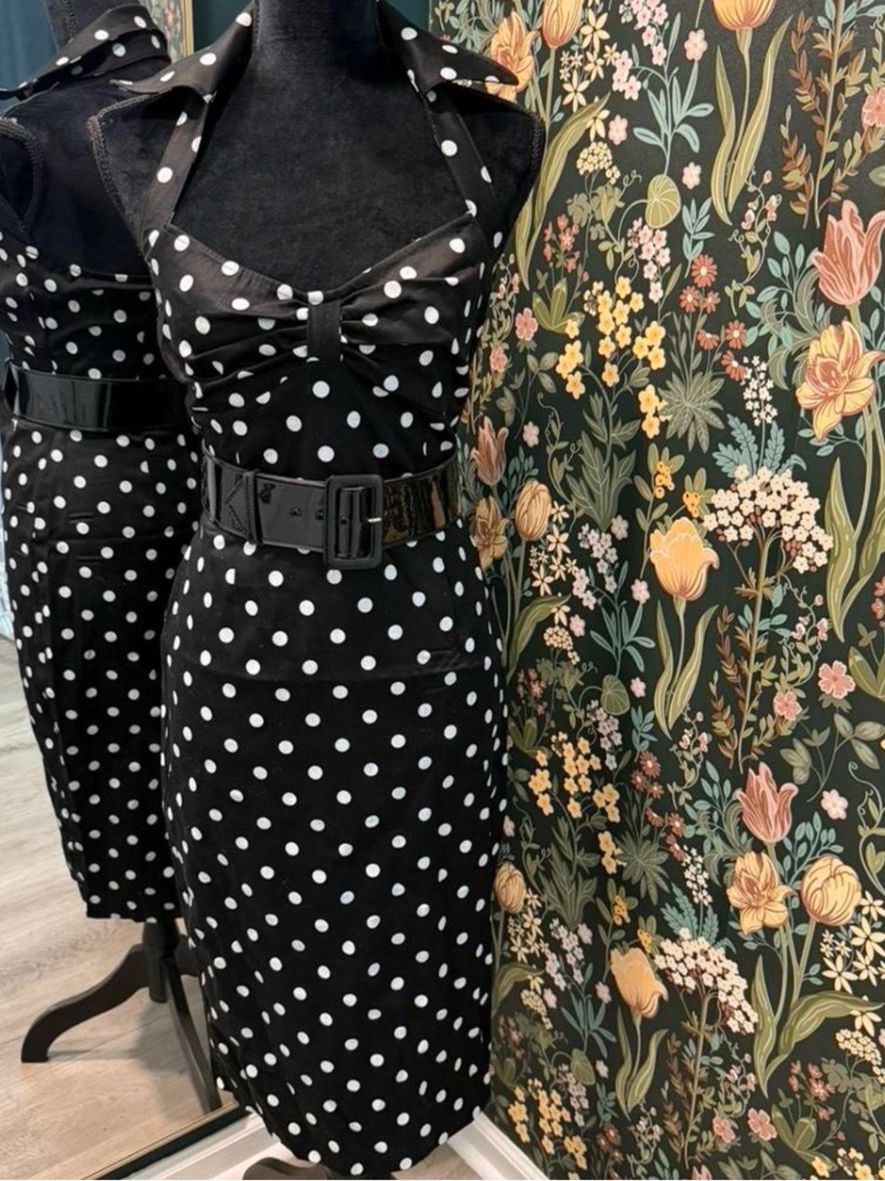 Deadly Dames Polka Dot Halter Midi Dress